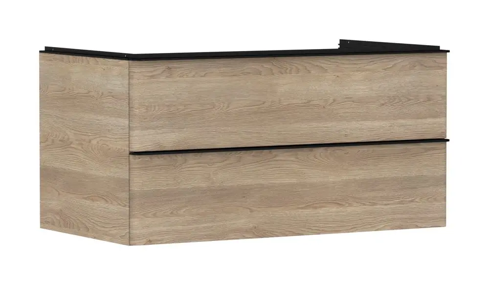 Waschtischunterschrank in Holzoptik mit zwei Schubkästen. Schwarz abgesetzte Oberkante. Passt zu Hansgrohe Waschtischsystemen.